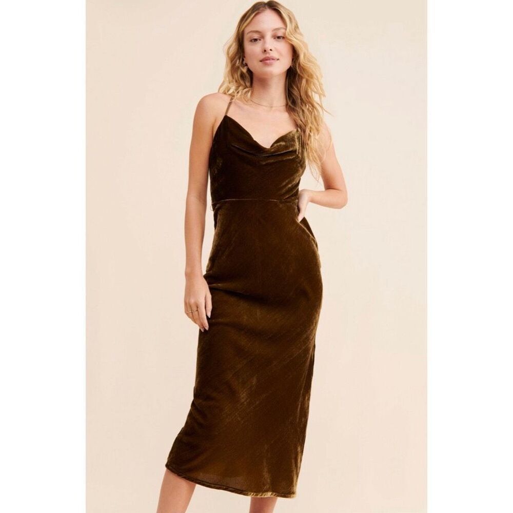 Anthropologie M Velvet Slip Dress Cowl Neck Midi Bronze Brown Bias Cut Adelyn Ra